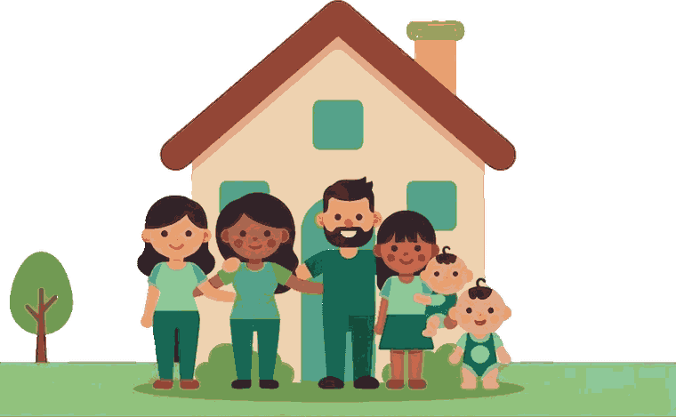 A family standing together on the grass in front of their house