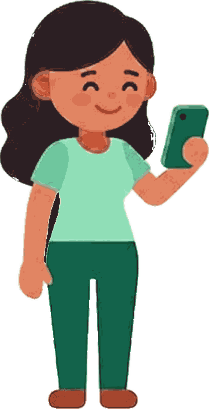 A mother looking at her phone and smiling, reassured