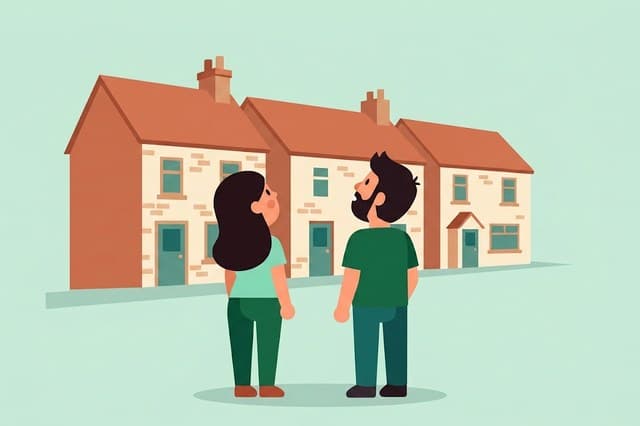 A couple looking up at a row of terraced houses