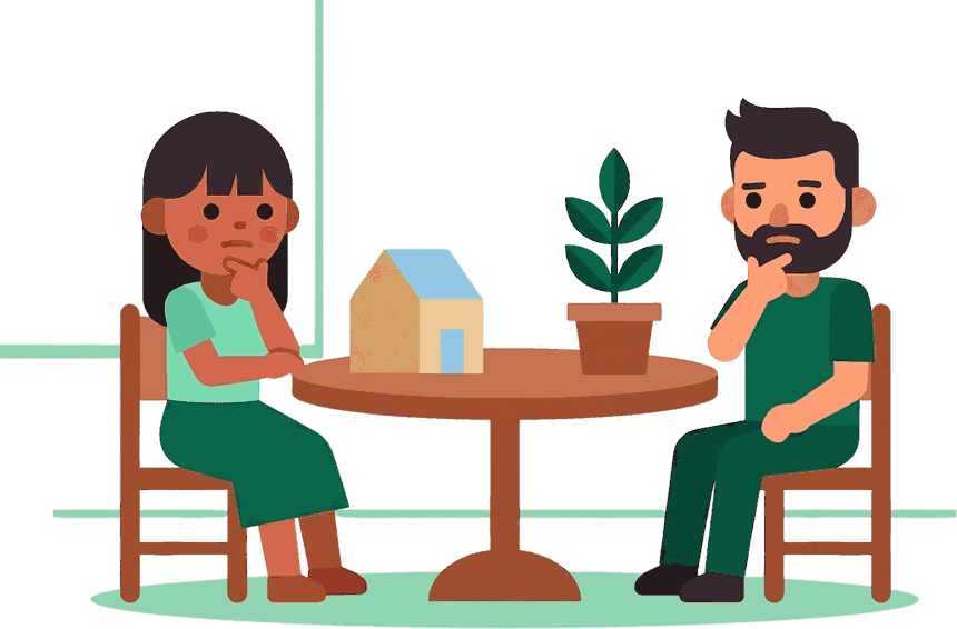 A mother and father at a kitchen table, each considering a different option
