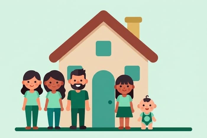 A family of four standing together in front of their house
