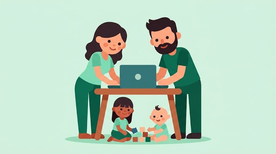 A mother and father leaning over a laptop together while their daughter and baby son play with blocks below
