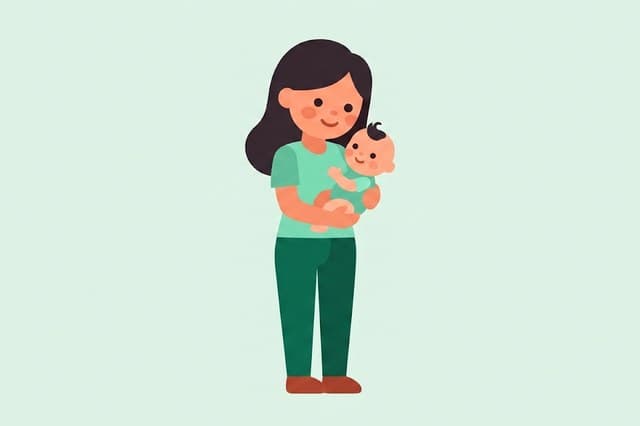 A mother holding her baby, looking down at them fondly