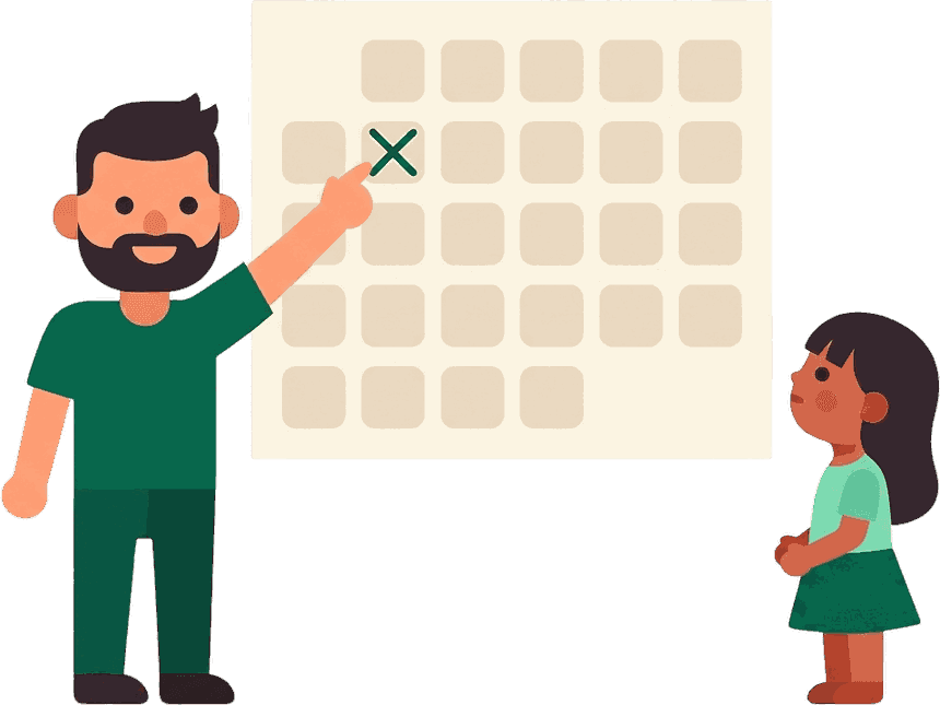 A father and his daughter marking a date on a wall calendar together