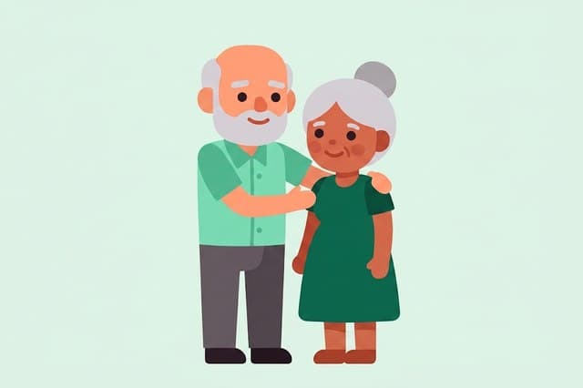 A grandfather with his arm around the grandmother, reassuring her