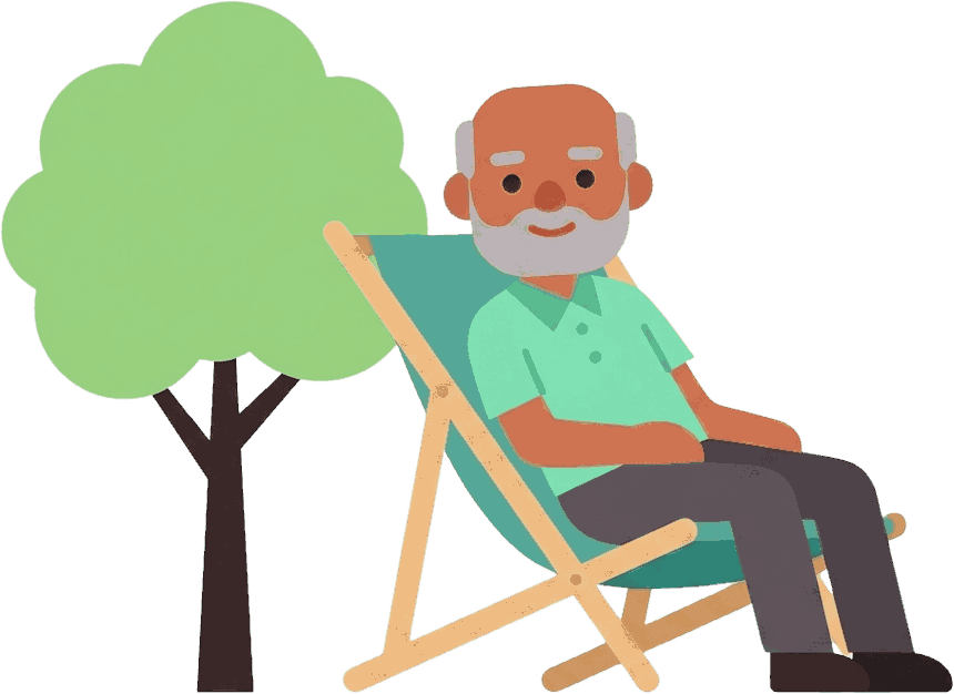 A grandfather sitting back in a deckchair in the garden, at ease