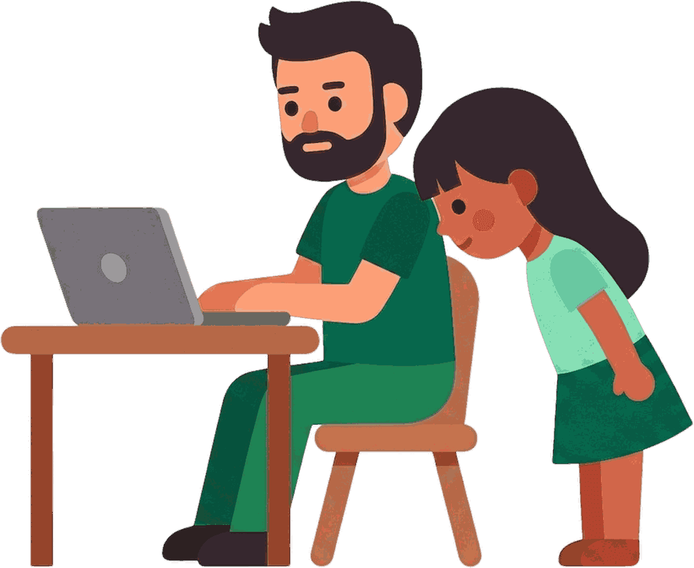 A father at a desk working through figures on a laptop, his daughter beside him